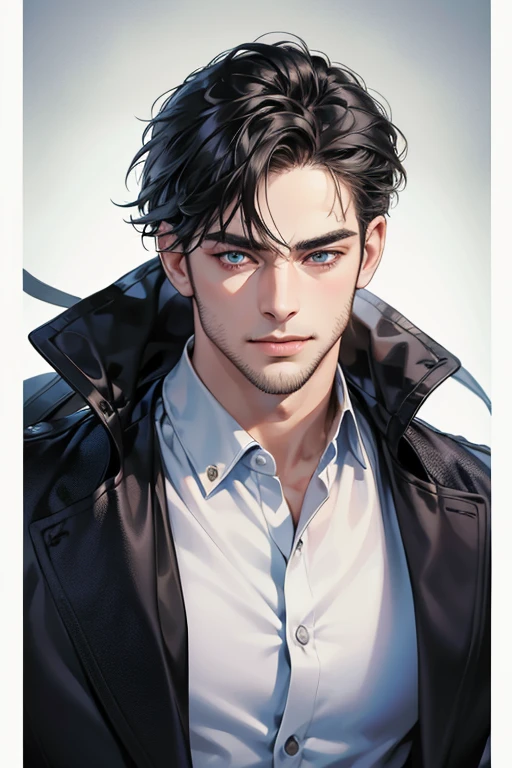 (best quality,4k,8k,highres,masterpiece:1.2),ultra-detailed,(realistic,photorealistic,photo-realistic:1.37),30 year old man,3 day beard,handsome anime,portraits,strong,masculine,dark hair,sharp jawline,mesmerizing eyes,perfectly styled hair,cool anime outfit,confident expression,vibrant colors,dynamic lighting, CEO and expression smile in love.