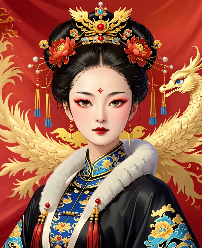 A painting:Phoenix Coronet:1.37.Solemn girl portrait,symmetry,Round Face,Bright Eyes,Smooth skin,Red peony headdress,Elegant and luxurious,Wealth,Gorgeous black and gold costumes,Chinese Qing Dynasty flag costumes,Selfish,Chinese Emperor,High bun,Gorgeous golden crown,tassel,palace,Clean background,(((Wu Zetian,Empress))),Fur collar cape,Pearl tassels,Pearl Makeup,Red background