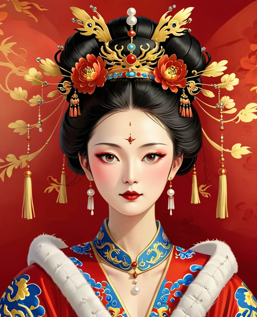 A painting:Phoenix Coronet:1.37.Solemn girl portrait,symmetry,Round Face,Bright Eyes,Smooth skin,Red peony headdress,Elegant and luxurious,Wealth,Gorgeous black and gold costumes,Chinese Qing Dynasty flag costumes,Selfish,Chinese Emperor,High bun,Gorgeous golden crown,tassel,palace,Clean background,(((Wu Zetian,Empress))),Fur collar cape,Pearl tassels,Pearl Makeup,Red background