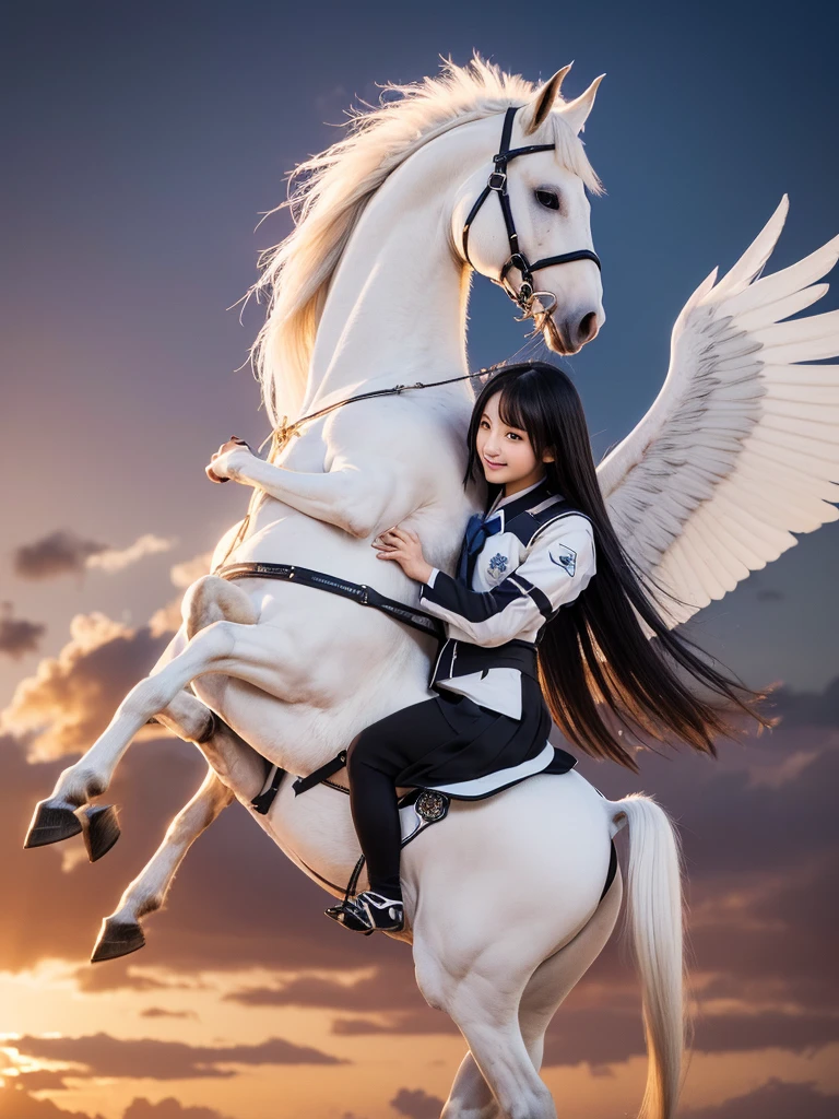 (((Highest quality, masterpiece, Ultra-high resolution, Realistic:1.4, RAW Photos, 非常にdetailed, Perfect Anatomy, One 18-year-old girl,少女は白いCavalryの服を着ている,The girl is riding a pure white Pegasus.:1.5,Pegasus is pure white and has long wings.,Pegasus has long wings and is about to take off.:1.5,Full body photo, The most famous Japanese actresses)))((Highest quality)), ((masterpiece)), (detailed), One girl, sexy,A cute 18-year-old girl with long black hair riding a Pegasus:1.5,The pure white Pegasus is about to take flight,Cavalry,Impressive