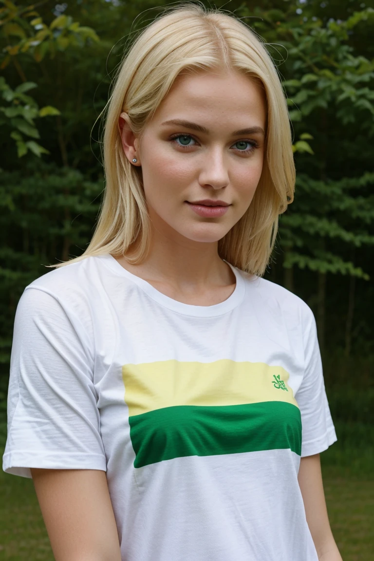 Belle femme européenne, cheveux blond, yeux vert, 25 ans, été , long teeshirt soirée Achill