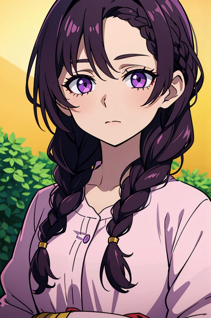 eyes browns, dark purple hair (Braided hair), Brunetette