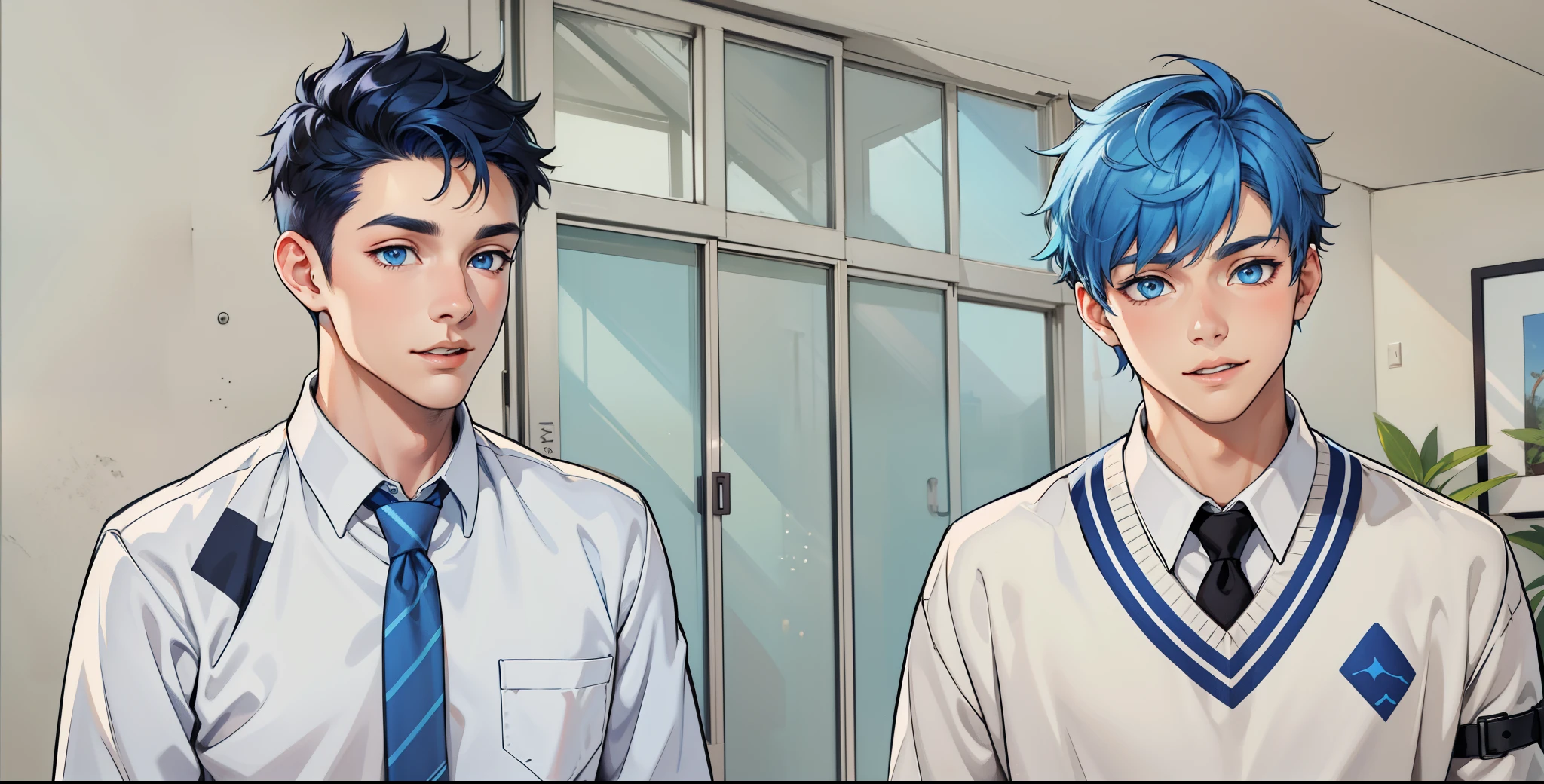 two cute boys with blue hair and the other with black hair and blue eyes