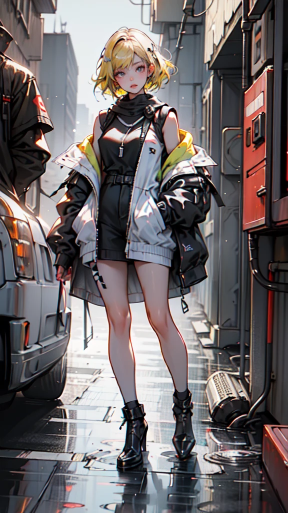 1 girl, short yellow hair, cyberpunk, Alice in Wonderland, black high heels, hand in pocket, best quality, 4k, 8k, highres, masterpiece:1.2, ultra-detailed, realistic, photorealistic, photo-realistic:1.37, HDR, UHD, studio lighting, ultra-fine painting, sharp focus, physically-based rendering, extreme detail description, professional, vivid colors, bokeh, concept art