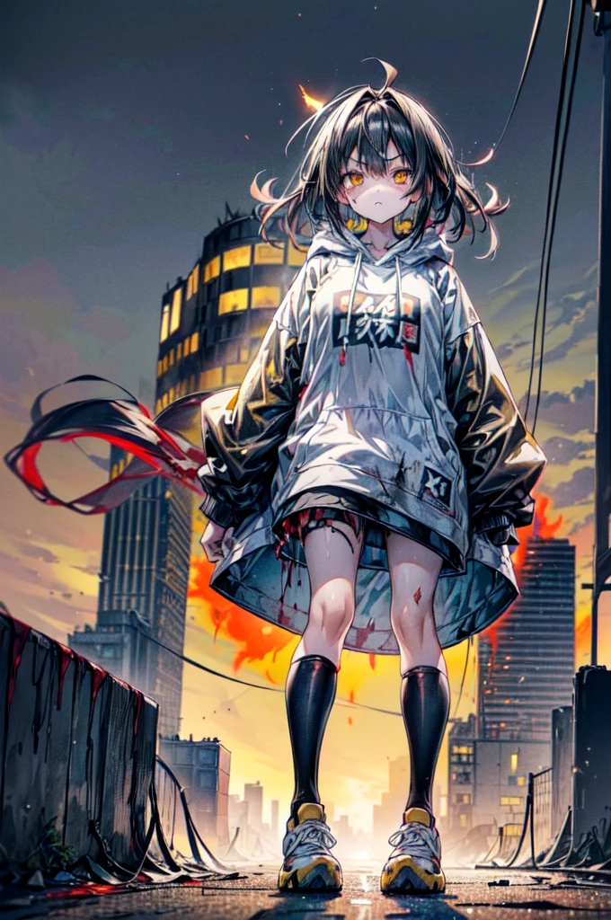 ((1 GIRL)) ((2d anime girl)), ((Japanese)) 18-year-old, ((2d anime girl)), ((dark-haired)), ((windswept hair)) ((ultra high quality)) ((4k UHD)) ((Best Quality)) ((Daytime)) ((yellow glowing eyes)), wearing a black hoodie sweatshirt with the slogan (("Kaiju")) in white letters, wearing jeans and black and yellow sneakers with (((blood splattered))) on it and her face, standing in the street of a ((ruined city)) filled with ((heavily damaged)) and dilapidated (( tall skyscrapers on fire)) and ((crushed vehicles on fire)) and small and ((raging fires all around)) and an ((angry)) ((Intimidating)) expression, standing on a giant monstrous footprint in the ground.