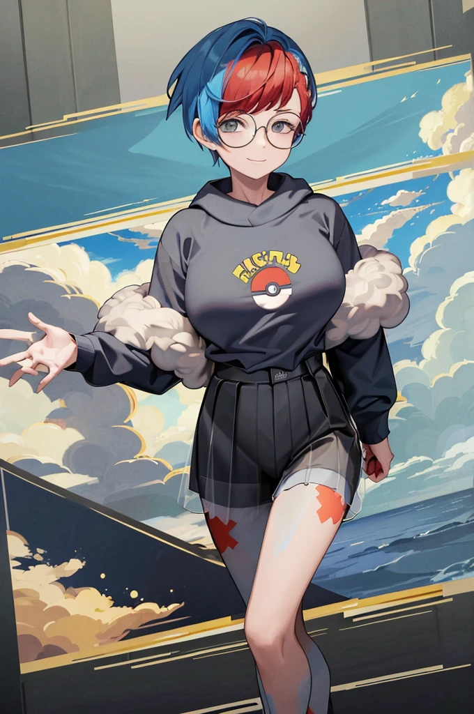 ((masterpiece,best quality)), absurdres,   Penny_Pokemon,  1girl, multicolored hair, two-tone hair, red hair, blue hair, grey eyes,  round eyewear, black hoodie, short shorts, grey pantyhose,  see-through skirt, backpack,   solo, smiling, looking at viewer,  cowboy shot, contrapposto,   huge breasts