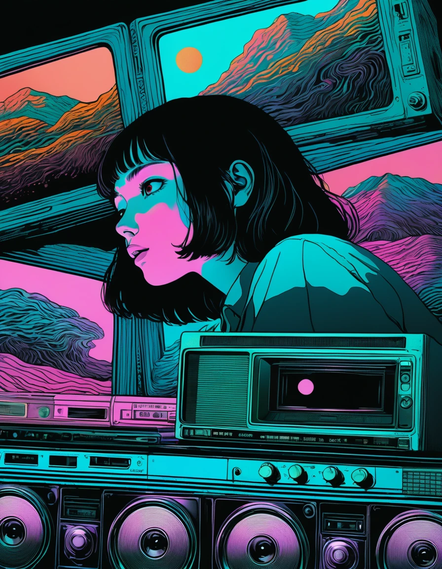 An illustration、art、Supervised by Junji Ito、Hidden Images、double image、double image、High detail, Realistic shadows、Analog Style, VHS style, 8mm film, chromatic aberration, DVD Screen Grab、Complementary Gradient、Surrealism、subculture、Retro、Near future