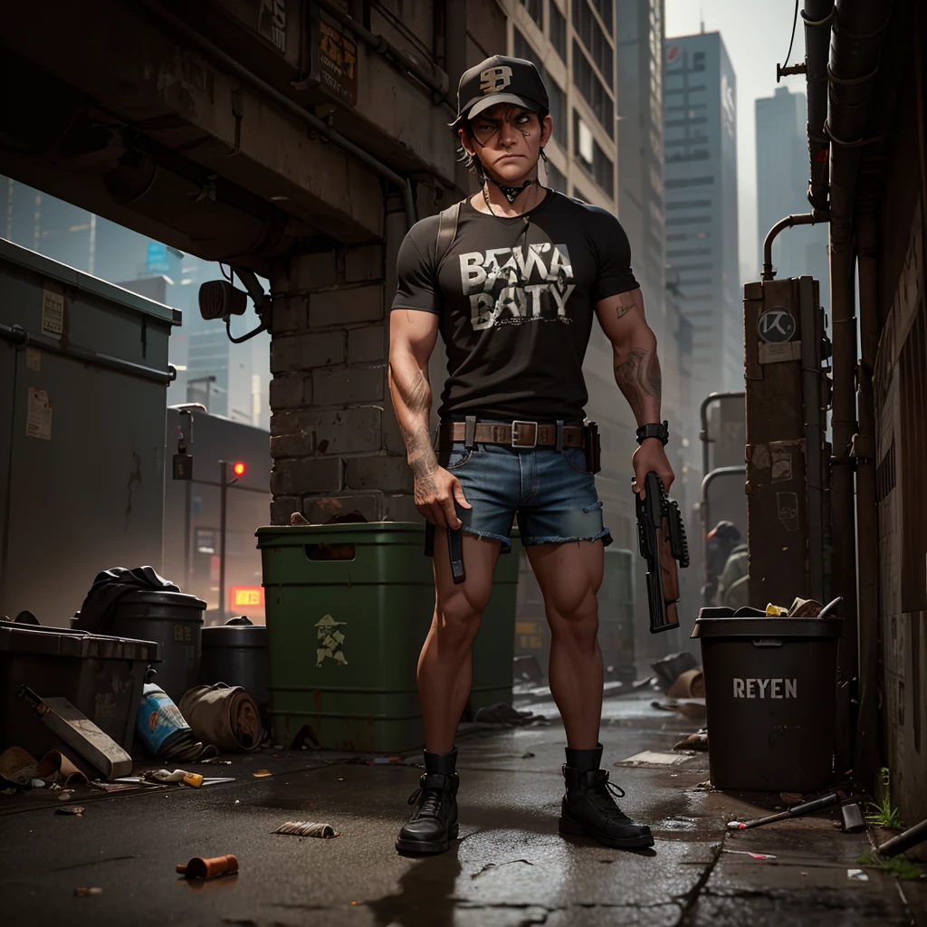 holding a shotgun, black t-shirt, brown suspenders, denim shorts, taking shelter in the city's sewer, rats and trash are part of the cyberpunk scene, theme and city.