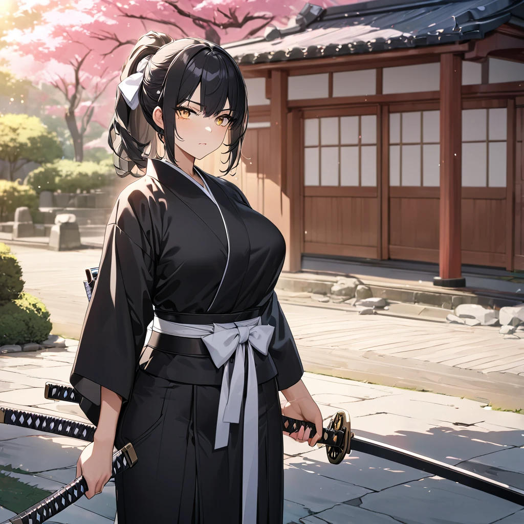 A woman wearing a traditional black kimono with white details, large breasts, black hair, ponytail hair, white bow in her hair, yellow eyes, serious face, holding a katana with sheath, standing outside a Japanese dojo, tree sakura around, concrete walkway with garden in the background,,UHD , prime work , accurate , anatomically correct , textured skin , super details , high quality , best quality, 8k, high resolution, bokeh effect. (woman alone)