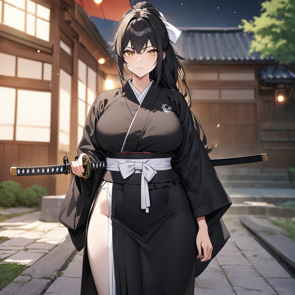 A woman wearing a traditional black kimono with white details, large breasts, black hair, ponytail hair, white bow in her hair, yellow eyes, serious face, holding a katana with sheath, standing outside a Japanese dojo, tree sakura around, concrete walkway with garden in the background,,UHD , prime work , accurate , anatomically correct , textured skin , super details , high quality , best quality, 8k, high resolution, bokeh effect. (woman alone)
