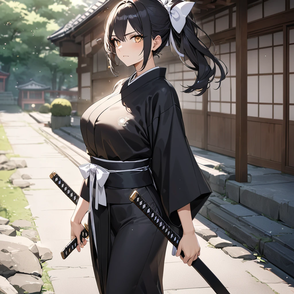 A woman wearing a traditional black kimono with white details, large breasts, black hair, ponytail hair, white bow in her hair, yellow eyes, serious face, holding a katana with sheath, standing outside a Japanese dojo, tree sakura around, concrete walkway with garden in the background,,UHD , prime work , accurate , anatomically correct , textured skin , super details , high quality , best quality, 8k, high resolution, bokeh effect. (woman alone)
