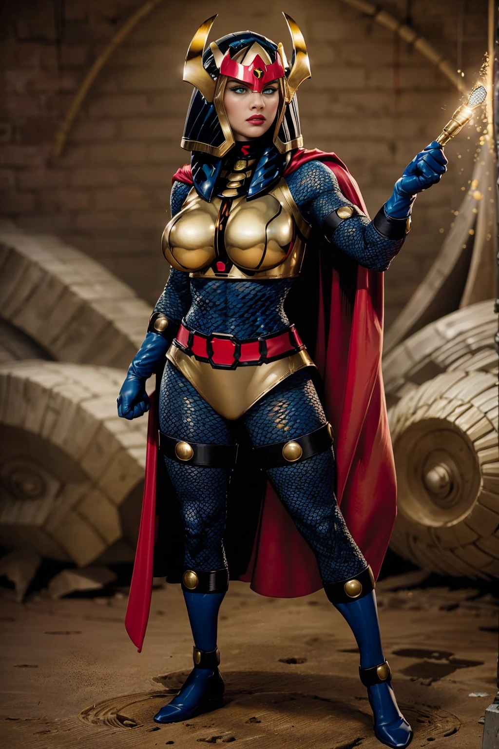 ((full body photo, standing, on the ground))(ultra realistic,32k, masterpiece:1.2),(high detailed skin:1.1),( high quality:1.1),
CARTOON_DC_big_barda_ownwaifu, (evil:1.1)solo, breasts, makeup, lipstick, lips, blue eyes, black hair, curvy, toned, cape, helmet, armor, red cape, gloves, superhero, bodysuit, fishnets, yellow gloves, fishnet bodysuit, shoulder armor, belt, breastplate, gold armor, horns,(blank background:1.2) blurry background,fighting pose, huge breast,large breast,(refraction:1.1),