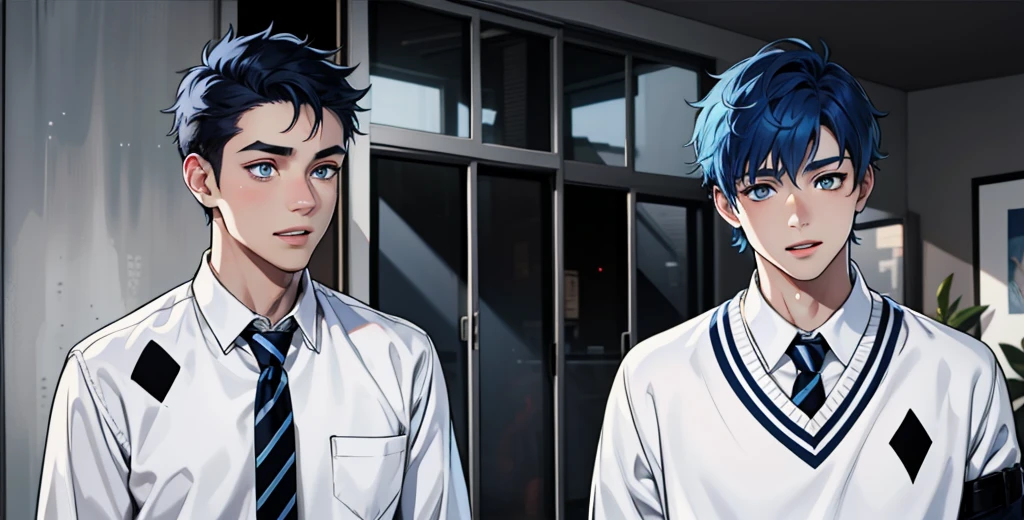 two cute boys with blue hair and the other with black hair and blue eyes