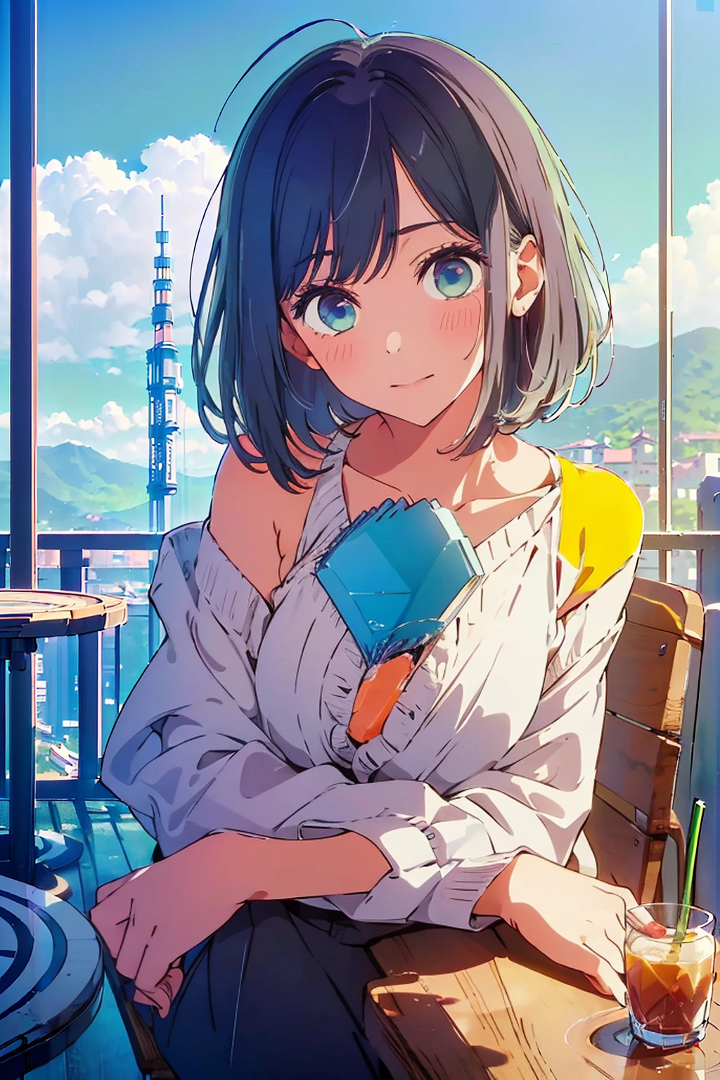 (Highest quality:1.4、masterpiece:1.4、Super detailed:1.4、Ultra-high resolution:1.4、8K:1.4)、Slim body、Big Breasts、((((1 person、Surprised expression、sit、Chair、In the background are the urban buildings of Tokyo、looking at the camera、coastal、Outdoor café terrace、juice、Get up close and take a photo、Shooting from an angle、table、Very cute face))))、((((nude、very beautiful areola))))、(Pose with hands tucked behind ears:1.4、Cheek resting on hand:1.4)、(((Take off the black off-the-shoulder cardigan)))、Bikini as innerwear、Very blue sky、A completely cloudless sky