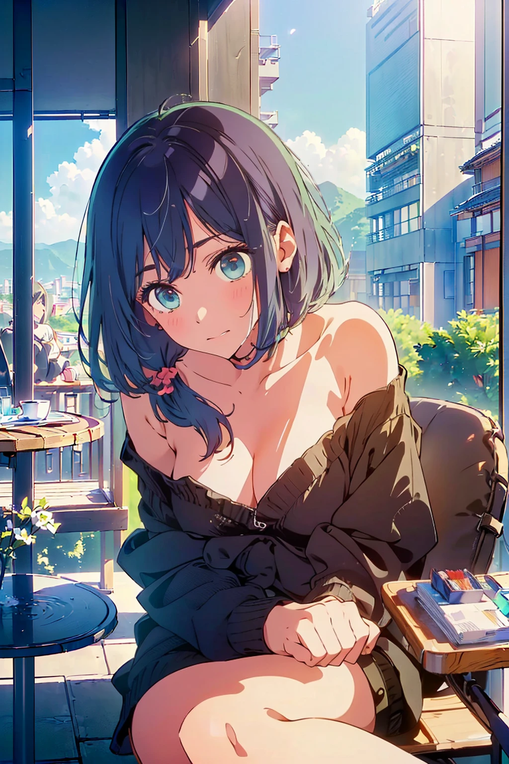 (Highest quality:1.4、masterpiece:1.4、Super detailed:1.4、Ultra-high resolution:1.4、8K:1.4)、Slim body、Big Breasts、((((1 person、Surprised expression、sit、Chair、In the background are the urban buildings of Tokyo、looking at the camera、coastal、Outdoor café terrace、juice、Get up close and take a photo、Shooting from an angle、table、Very cute face))))、((((nude、very beautiful areola))))、(Pose with hands tucked behind ears:1.4、Cheek resting on hand:1.4)、(((Take off the black off-the-shoulder cardigan)))、Bikini as innerwear、Very blue sky、A completely cloudless sky