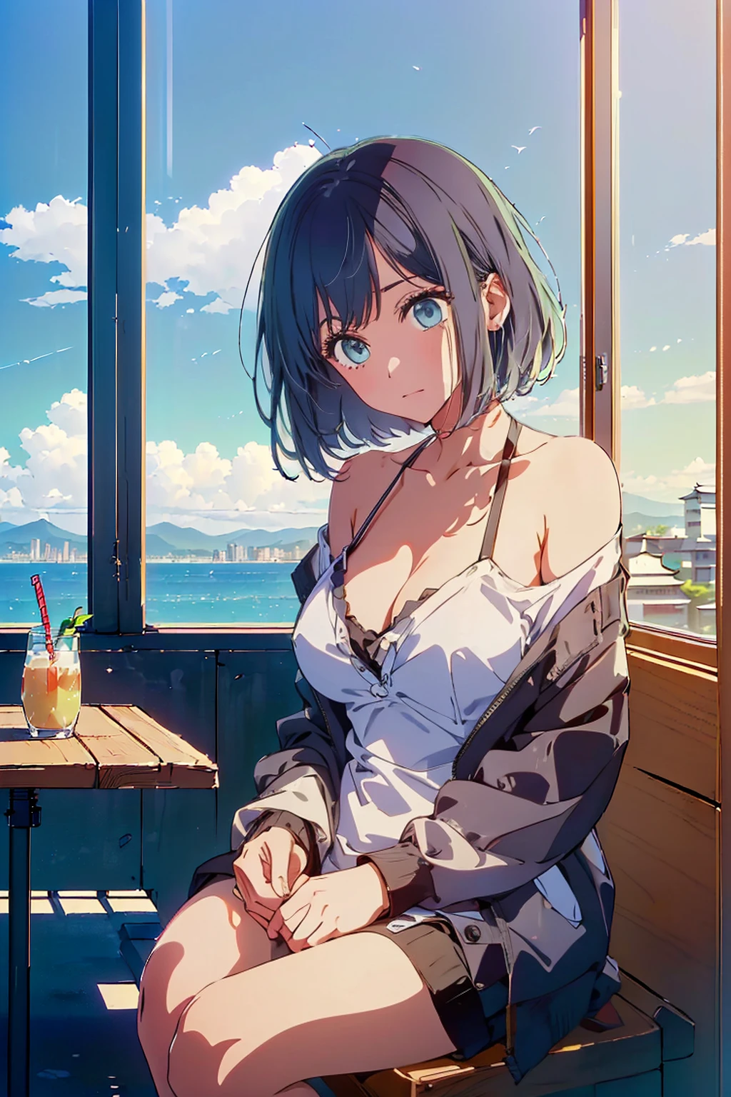 (Highest quality:1.4、masterpiece:1.4、Super detailed:1.4、Ultra-high resolution:1.4、8K:1.4)、Slim body、Big Breasts、((((1 person、Surprised expression、sit、Chair、In the background are the urban buildings of Tokyo、looking at the camera、coastal、Outdoor café terrace、juice、Get up close and take a photo、Shooting from an angle、table、Very cute face))))、((((nude、very beautiful areola))))、(Pose with hands tucked behind ears:1.4、Cheek resting on hand:1.4)、(((Take off the black off-the-shoulder cardigan)))、Bikini as innerwear、Very blue sky、A completely cloudless sky