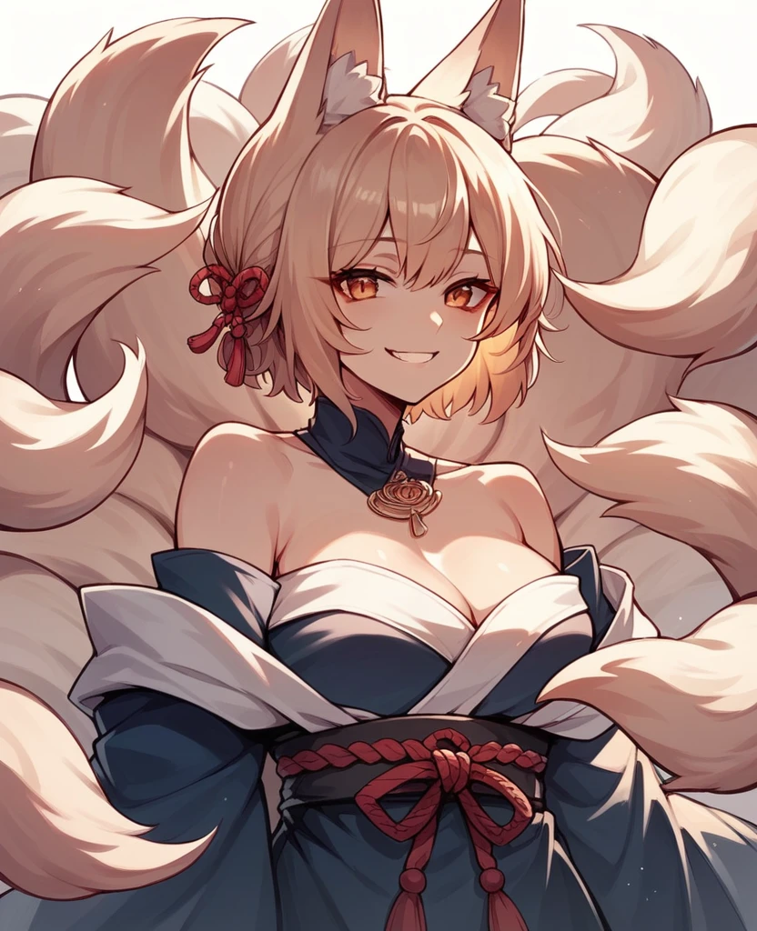 Anime girl, kitsune features, off shoulder robes, nine tails, fox ears, mischievous smile