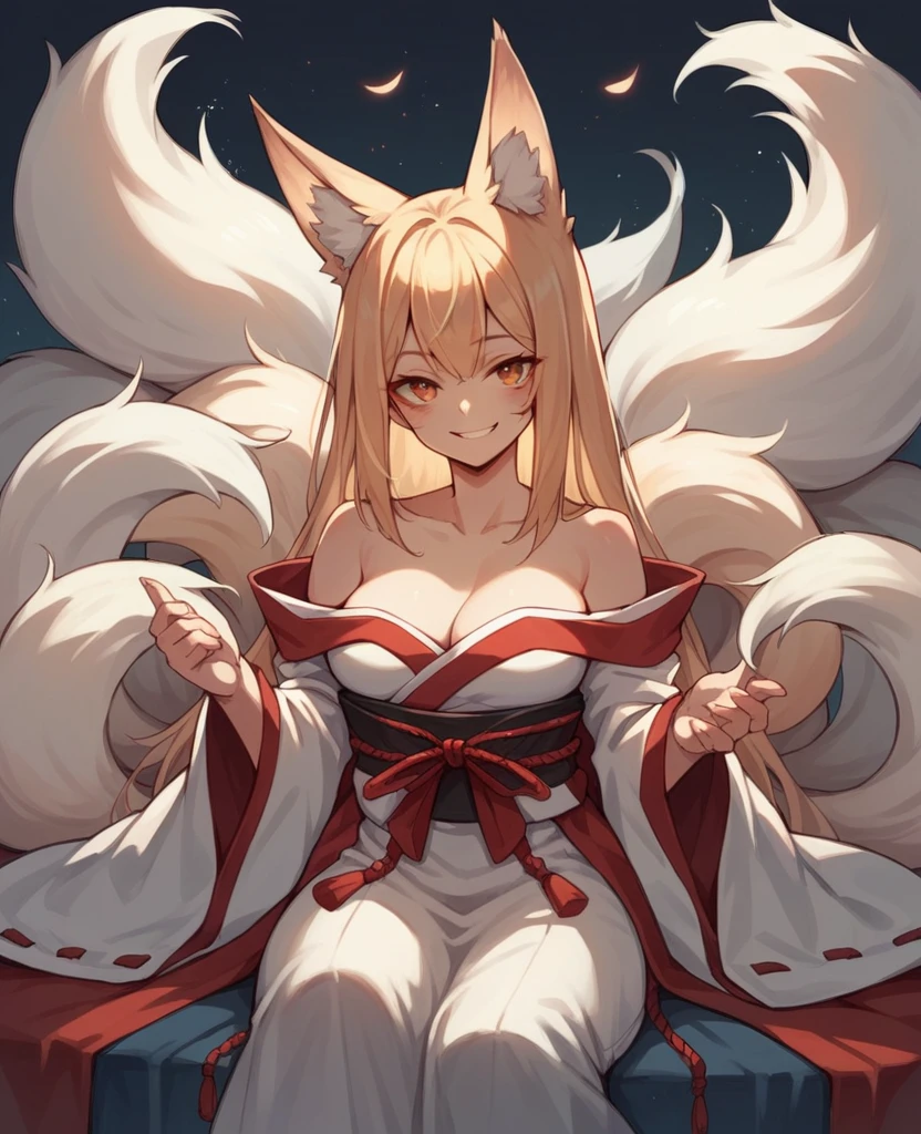 Anime girl, kitsune features, off shoulder robes, nine tails, fox ears, mischievous smile