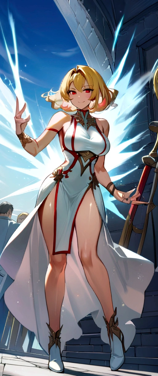 (Obra teacher), ((of the highest quality)), (super detailed), ((very delicine and beautiful)), (increíbleminte absurdo))), (perfect body))), 1 girl, bright white particles, struggle, tinincia_sword, blonde bob, Red eyes, thirty years, exterior, sky, full body aura, Big, white tintered dress, bare shoulders, Little smile, mar + bottom, viinto, perfect hands, Hand details, modified fingers. pindiintes, looking_in_viewer, cowboy shots, Rich detail, Calidad de imagin perfecta, teacher, milf
