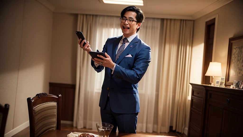 /imagine prompt: A man excitedly announces the news of his wedding on his phone screen, surrounded by dim dining table lights and an empty living room, by Hayao Miyazaki --niji 5