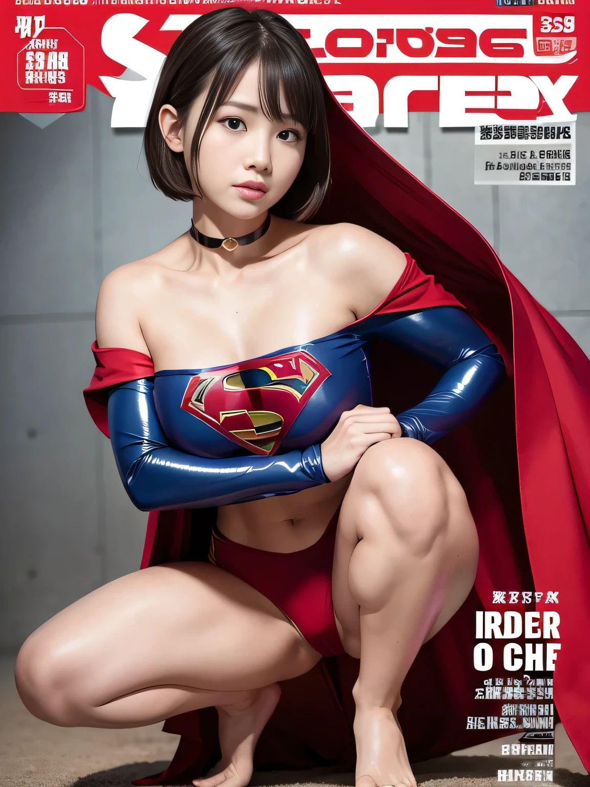 masterpiece、Supergirl Costume、short hair、barefoot、Big and ample breasts、Crisis situation、Complete surrender、Inside the prison、torture chamber、Abused、Humiliating torture、Squatting Pose、shiny sweaty skin、looking at the camera、choker、Long sleeve、Sexy poses to seduce、Off the shoulder、latex、from right in front、Crotch tearing、athlete、Racing Bloomers、Red Cape、Beautiful Body、Weekly magazine cover、