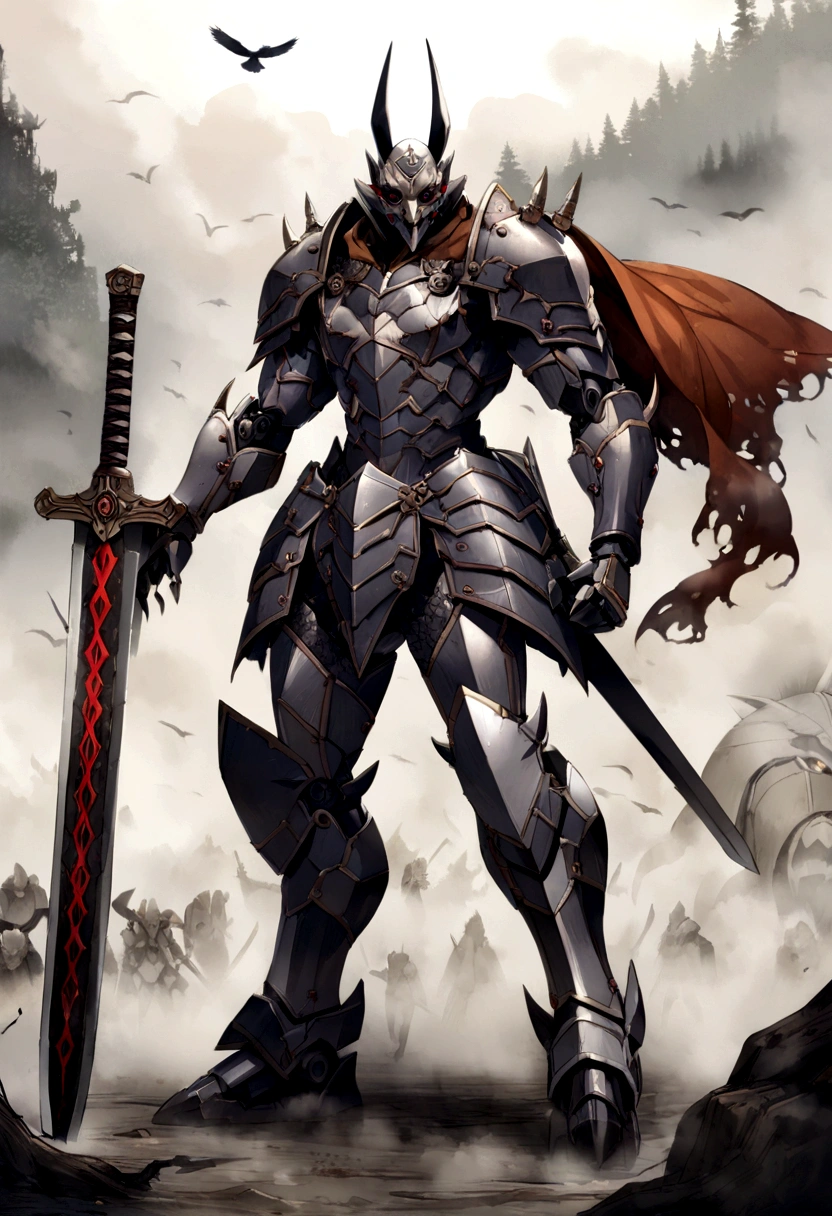 Sengoku period、full body armored、Humanoid robot、(((detailed)))Sword fighting pose、strong、(((detailed)))Demon Mask、Fully Armored、Equipped with powerful weapons、(((detailed)))Full Body Shot、Shrouded in fog、Chaotic Battlefield、Crow、