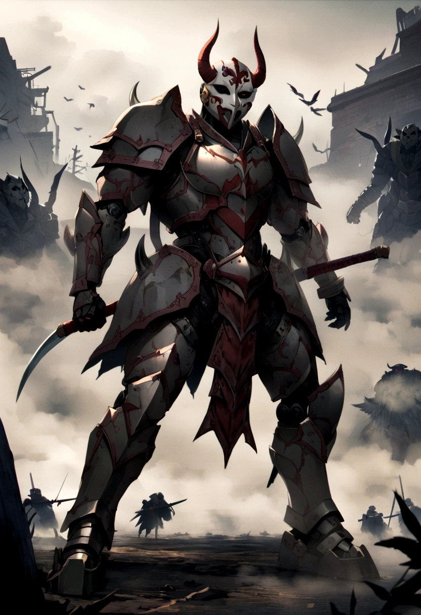 Sengoku period、full body armored、Humanoid robot、(((detailed)))Sword fighting pose、strong、(((detailed)))Demon Mask、Fully Armored、Equipped with powerful weapons、(((detailed)))Full Body Shot、Shrouded in fog、Chaotic Battlefield、Crow、