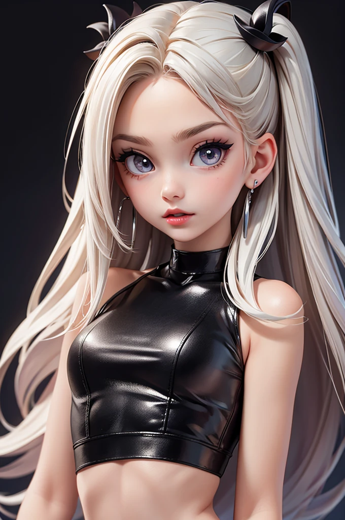 hyperrealistic  american teen, blonderfect tiny body, sexy, dark makeup, small choker, perfect slim face, big red lips, very cute face, tiny body, big eyes, young looking, childish looking, big earrings, silver party top, silver party skirt, perfect bell