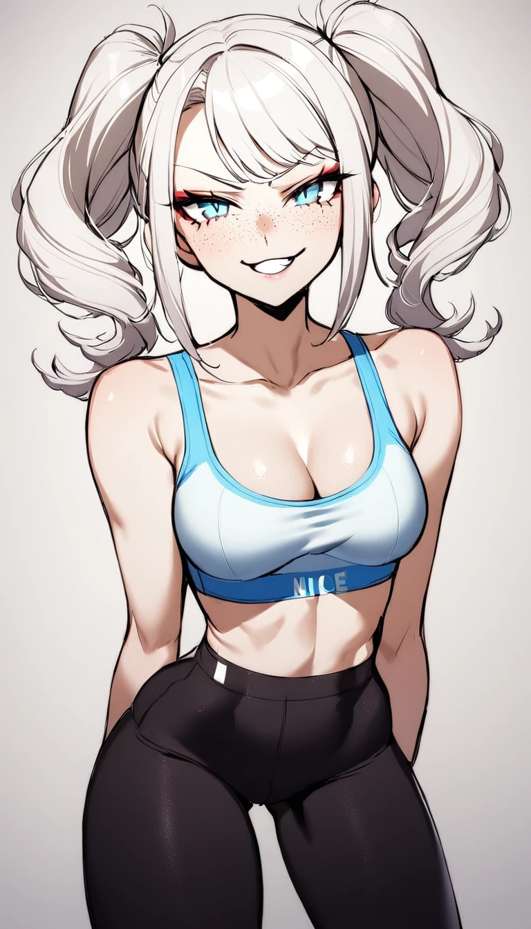 1 Girl, Sports Bra , Yoga Pants, Medium Breasts, Blue Eyes, Platinum White Hair, Twin Tail Hair Style, Pale White Skin, Smooth Skin, Face Freckles, Nice Cleavage, Slutty, Sexy, Sassy, Smirking, Tease, Teasing