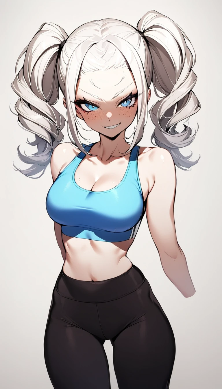 1 Girl, Sports Bra , Yoga Pants, Medium Breasts, Blue Eyes, Platinum White Hair, Twin Tail Hair Style, Pale White Skin, Smooth Skin, Face Freckles, Nice Cleavage, Slutty, Sexy, Sassy, Smirking, Tease, Teasing