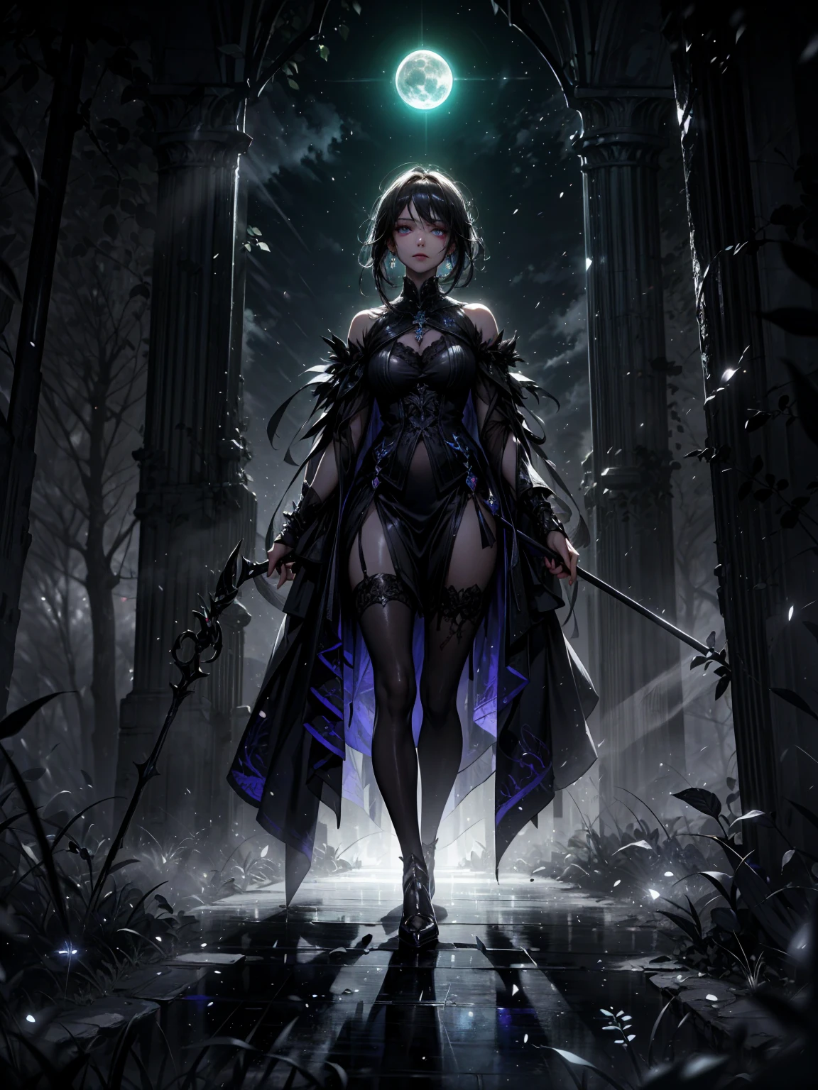 (((masterpiece, best quality, 8k))) A captivating artwork of a darkly enchanting slender female character in a shadowy, magical setting. She wears dark and magical clothes in black and purple, perfectly matching her mysterious aura. Her short black hair and crimson eyes exude an intense beauty. She wields a dark staff, emanating a foreboding power. (luminous lighting, atmospheric lighting). The scene is set in an ancient, mist-covered forest with glowing, ethereal lights floating around. The moonlight pierces through the thick canopy, casting eerie shadows and illuminating the mystical fog. The ground is covered in enchanted runes that glow faintly, adding to the otherworldly ambiance.
