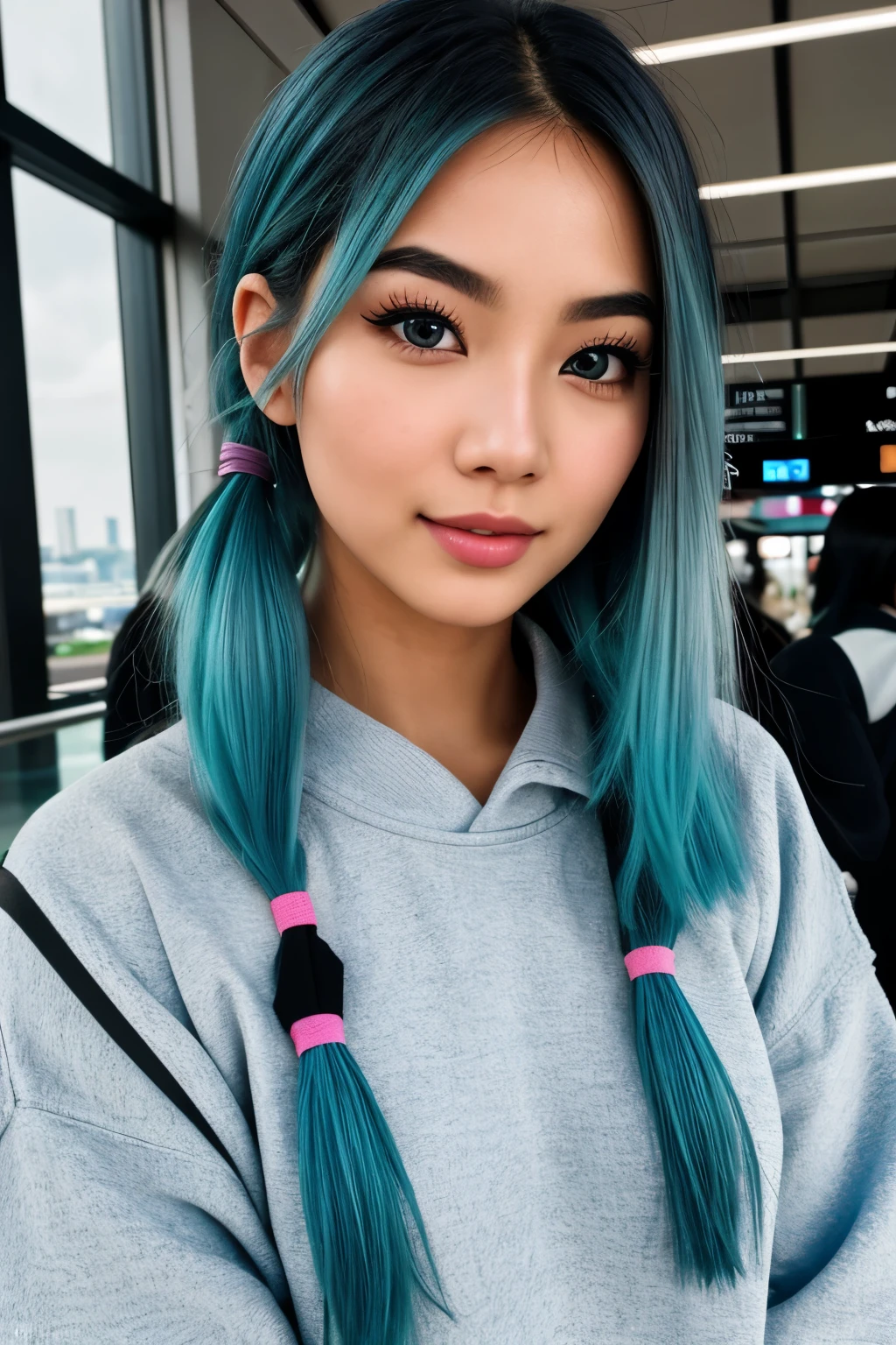 photo of (emikin:0.99), woman as a sexy TikTok influencer, cobalt hair, blue hair , teal hair , twintails, piggy tails, backpack, grey tracksuit, indoors , at airport , awaiting flight, background airport flight board , bangkok airport , world traveling , digital nomad , laptop, (extremely detailed CG unity 8k wallpaper), photo of the most beautiful artwork in the world, professional majestic (photography by Steve McCurry), 8k uhd, dslr, film grain, Fujifilm XT3 sharp focus, f 5.6, High Detail, Sharp focus, dramatic, (looking at viewer:1.2), (detailed pupils:1.3), (natural light), (seductive) , (masterpiece:1.3), (8k, photorealistic, RAW photo, best quality: 1.4), (1girl), beautiful face, (realistic face), beautiful hairstyle, realistic eyes, beautiful detailed eyes, (realistic skin), beautiful skin, (black sweater), absurdres, attractive, ultra high res, ultra realistic, highly detailed, golden ratio, woman with white skin and Asian features, 24-year-old blue hair (green-eyed woman), Her eyebrows are well-defined, with a natural arch that complements her eye shape. She has a small, elegant nose with a slight upward curve at the tip. Her lips are full and naturally pink, with a well-defined Cupid's bow. Her teeth are straight and white, enhancing her captivating smile. Her face has an oval shape with high cheekbones that add to her model-like appearance.