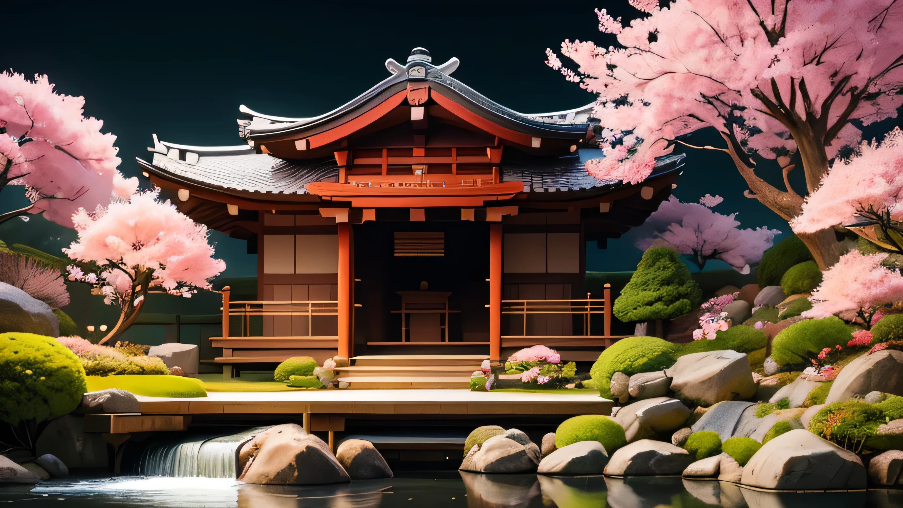 A peaceful scene with traditional Japanese elements like koto and shakuhachi. The background displays a tranquil Japanese garden with cherry blossoms and a flowing stream, creating a relaxing LOFI atmosphere.