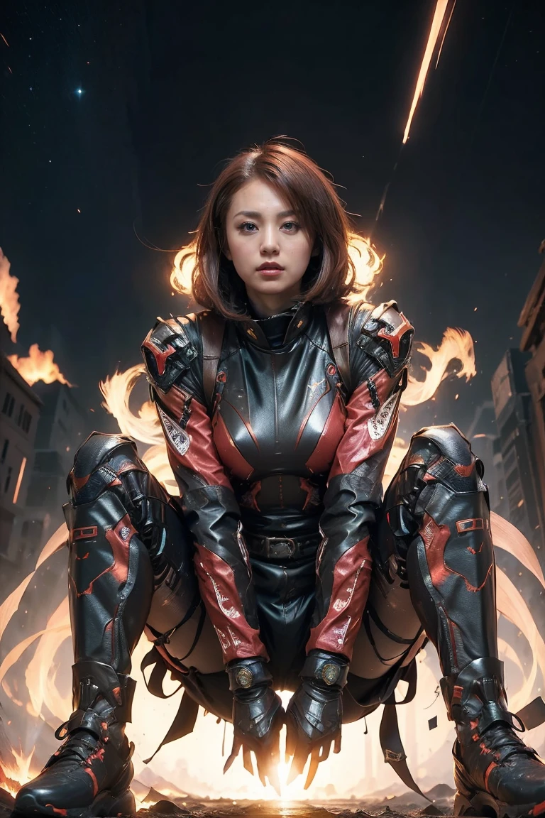 (alone) inconceivable and spectacular an emergency scene of a cloud figure Sophie Turner in a universe cloud, Fractal Nebula Chain, universe,universe船, A vibrant and lively presence, , unrealistic, High Contrast, Symbolism, Action pose、Mechanical Parts,Weaponized battle suit、 Illumination, Supersaturation, colorful, 8K、A woman in a scarlet red combat suit、Copper Layered Bob Cut、boots、With a ray gun
