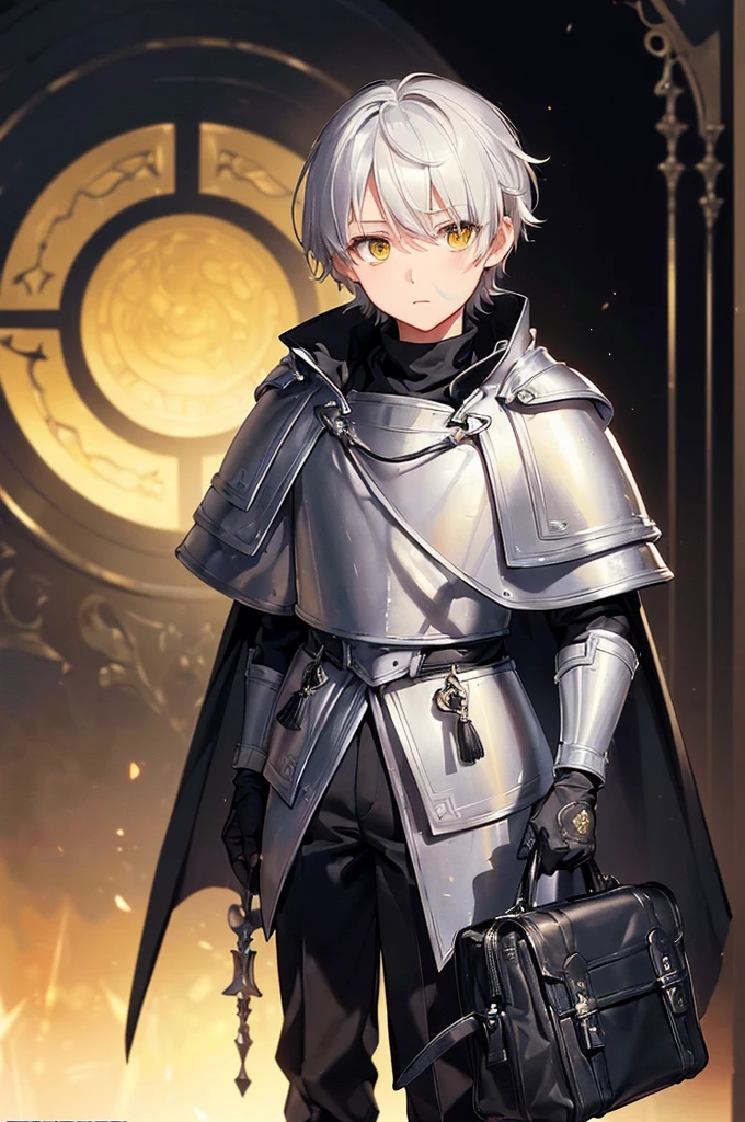 (masterpiece; best quality: 1.2), (finely detailed eyes: 1.3), ((1 male young )), ((solo)), (yellow eyes: 1.4), (adorable; short, slender: 1.3), (short white hair: 1.3), (beautiful and clear background: 1.2), ((depth of field)), (clothes: silver armor + black turtleneck + black pants + black cape + black gloves + satchel: 1.3), (anime illustration: 1.2), (background; garden exterior: 1.1), (extremely fine and handsome: 1.1), (shot composition; standing + close-up: 1.5), (expression; calm, stoic: 1.2)