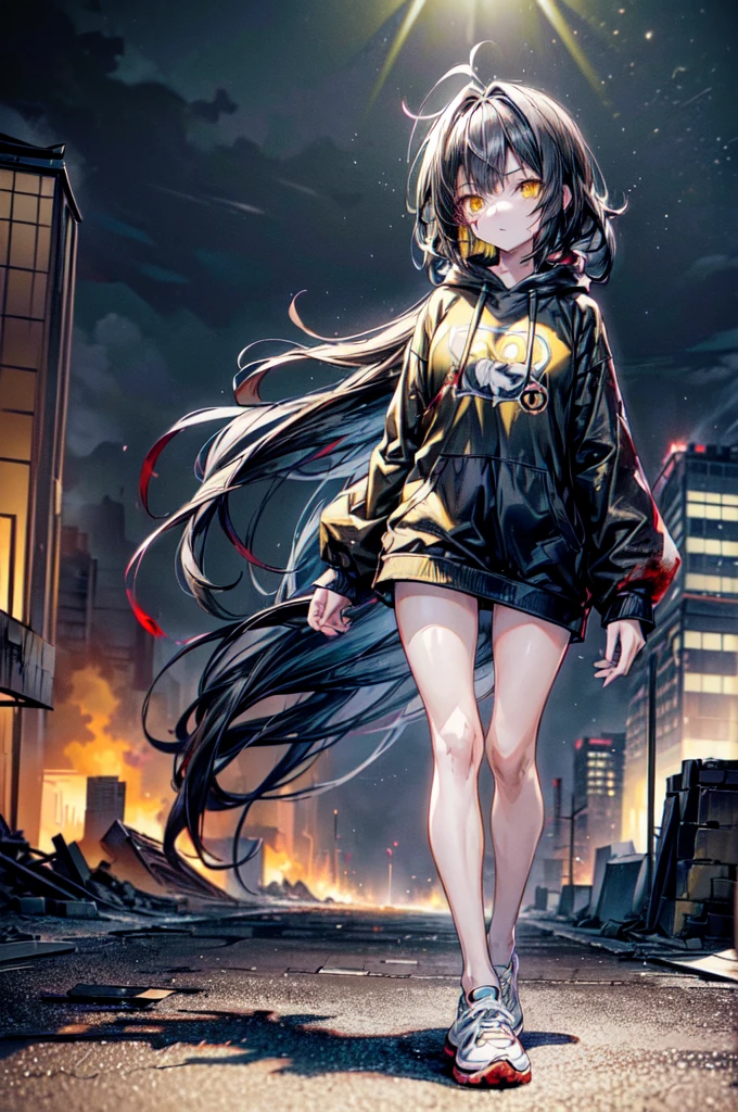 ((1 GIRL)) ((2d anime girl)), ((Japanese)) 18-year-old, ((2d anime girl)), ((dark-haired)), ((windswept hair)) ((ultra high quality)) ((4k UHD)) ((Best Quality)) ((Daytime)) ((yellow glowing eyes)), wearing a black hoodie sweatshirt with the slogan (("Kaiju")) in white letters, wearing jeans and black and yellow sneakers with (((blood splattered))) on it and her face, standing in the street of a ((ruined city)) filled with ((heavily damaged)) and dilapidated (( tall skyscrapers on fire)) and ((crushed vehicles on fire)) and small and ((raging fires all around)) and an ((angry)) ((Intimidating)) expression, standing on a giant monstrous footprint in the ground.
