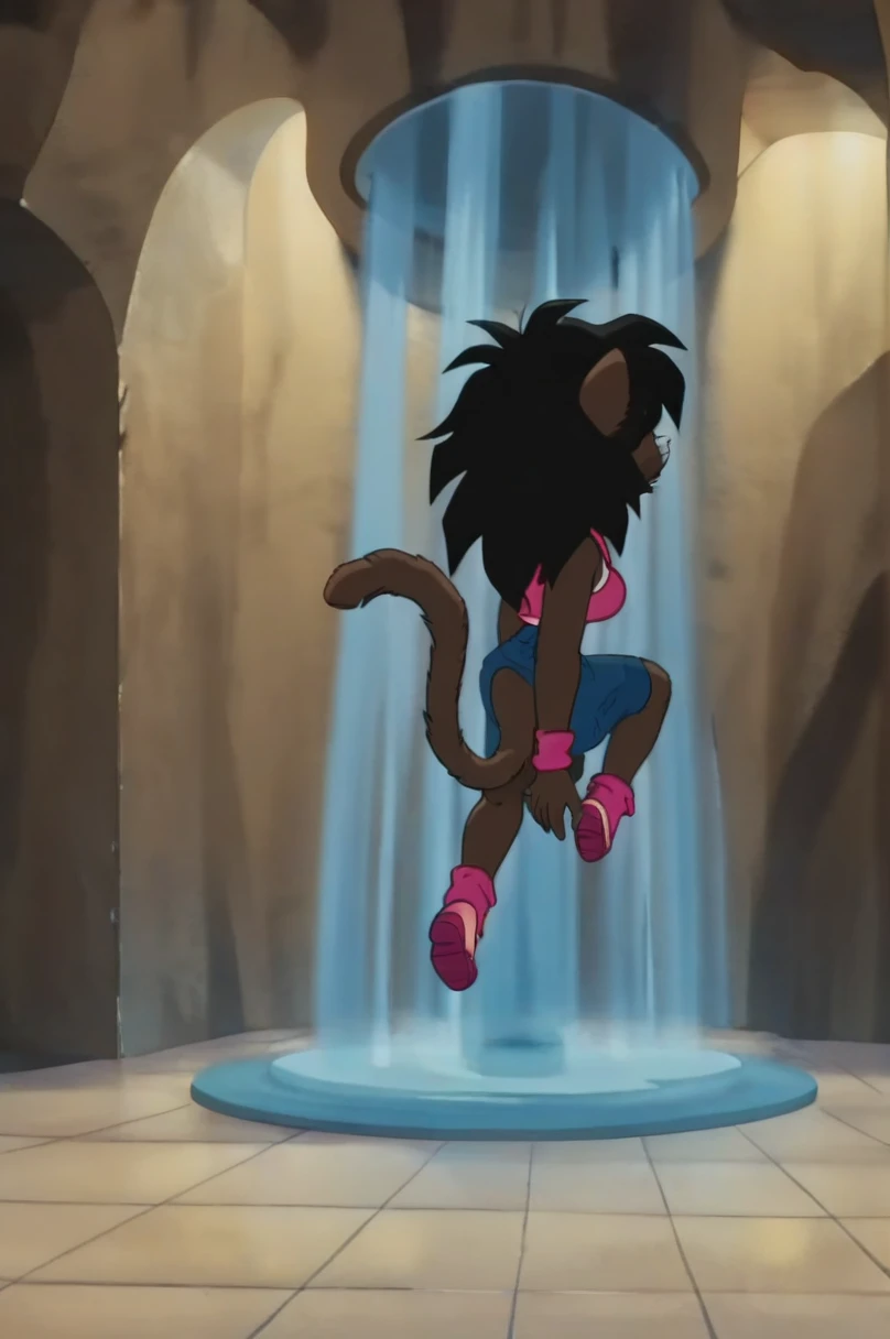 fountain_cheered up, score_9,score_8_above, score_7_above, gineDb, cheered up screencap,
1 girl, They are over, Alone, hombros discubiertos, Inside the cave, black fur, monkey's tail, is, disde atrás, black pantyhose, thigh gap, green skirt, green saiyajin armadura, saiyajin armadura, medium hair, spiky hair, sexy butt, disnuda, NSFW, NSFWart, detailed full body, standing