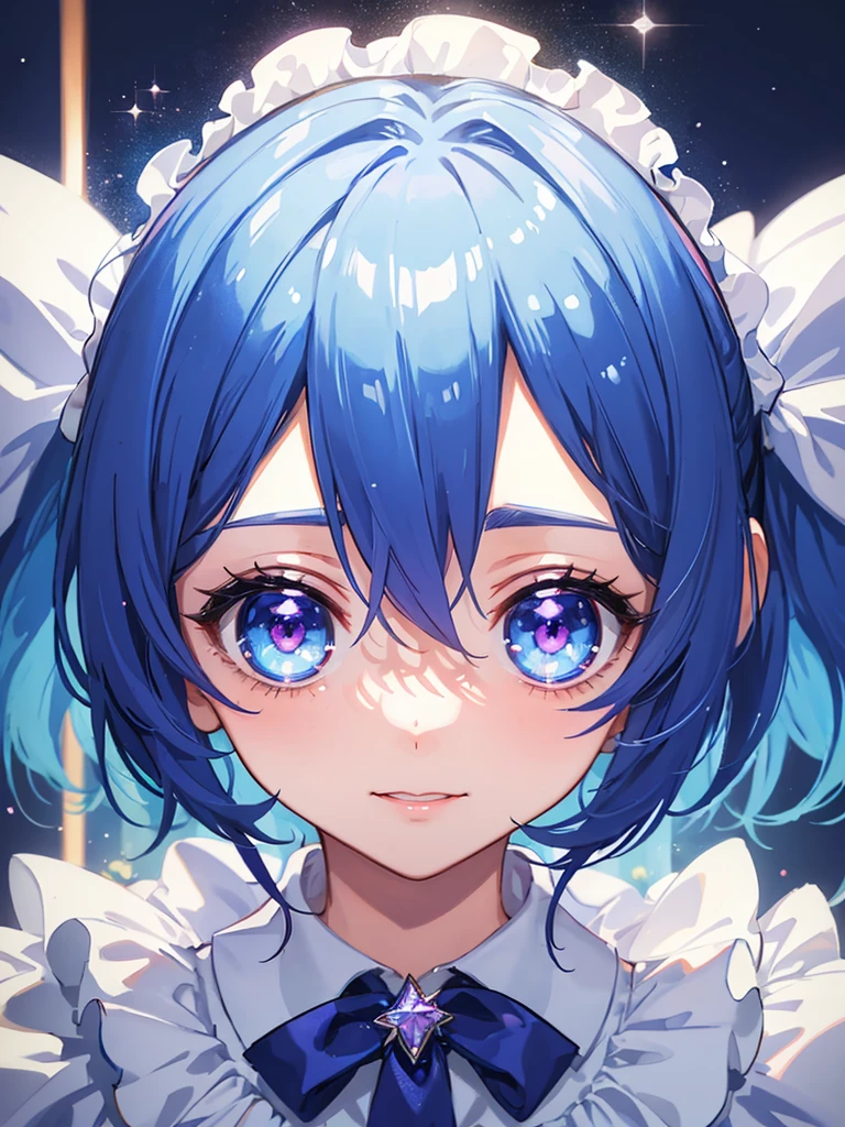 1girl, portrait, loli anime girl with short blue hair wearing maid outfit, blue hair with pink gradient, close up face, detailed eyes, detailed hair, emotional lovely happy expression, crystal glowing eyes, cinematic lighting, extremely detailed body, face, clothes, ultra HD, masterpiece, very very anime style, bokeh, starry shining lighting