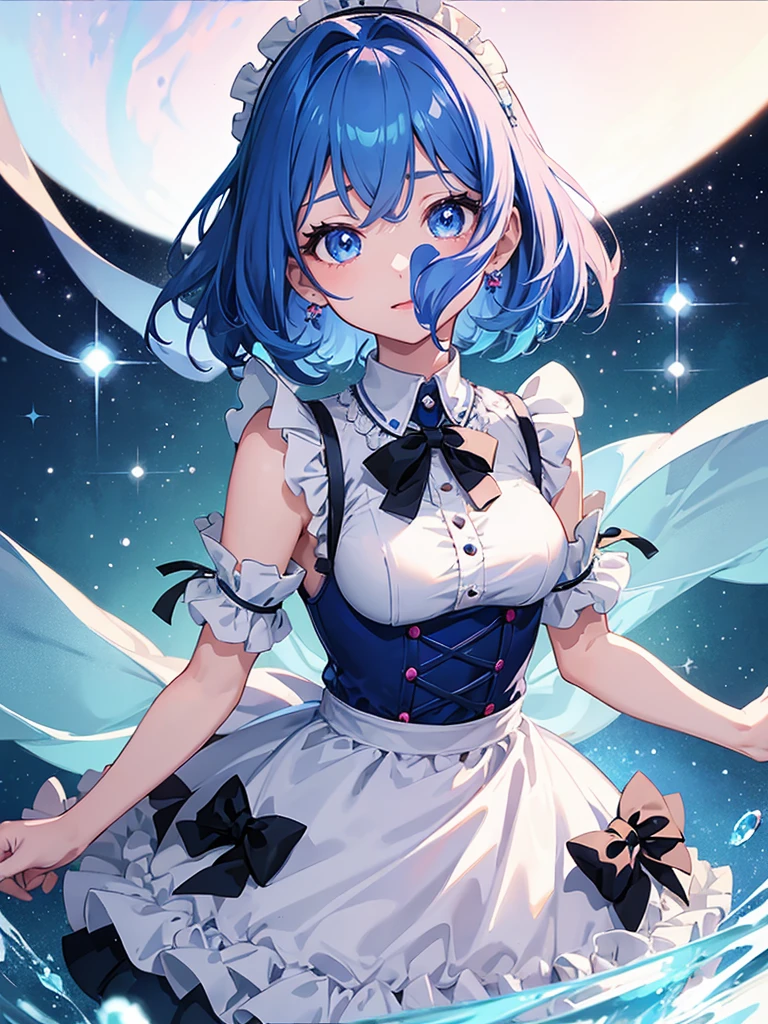 1girl, portrait, loli anime girl with short blue hair wearing maid outfit, blue hair with pink gradient, close up face, detailed eyes, detailed hair, emotional lovely happy expression, crystal glowing eyes, cinematic lighting, extremely detailed body, face, clothes, ultra HD, masterpiece, very very anime style, bokeh, starry shining lighting