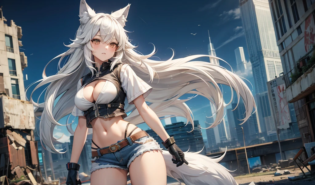 Adult woman with long white hair and medium breasts，Wolf ears，Wolf Tail，White sports top，Short-sleeved vest，cleavage，Bare waist，Denim shorts，thigh，Ruined City