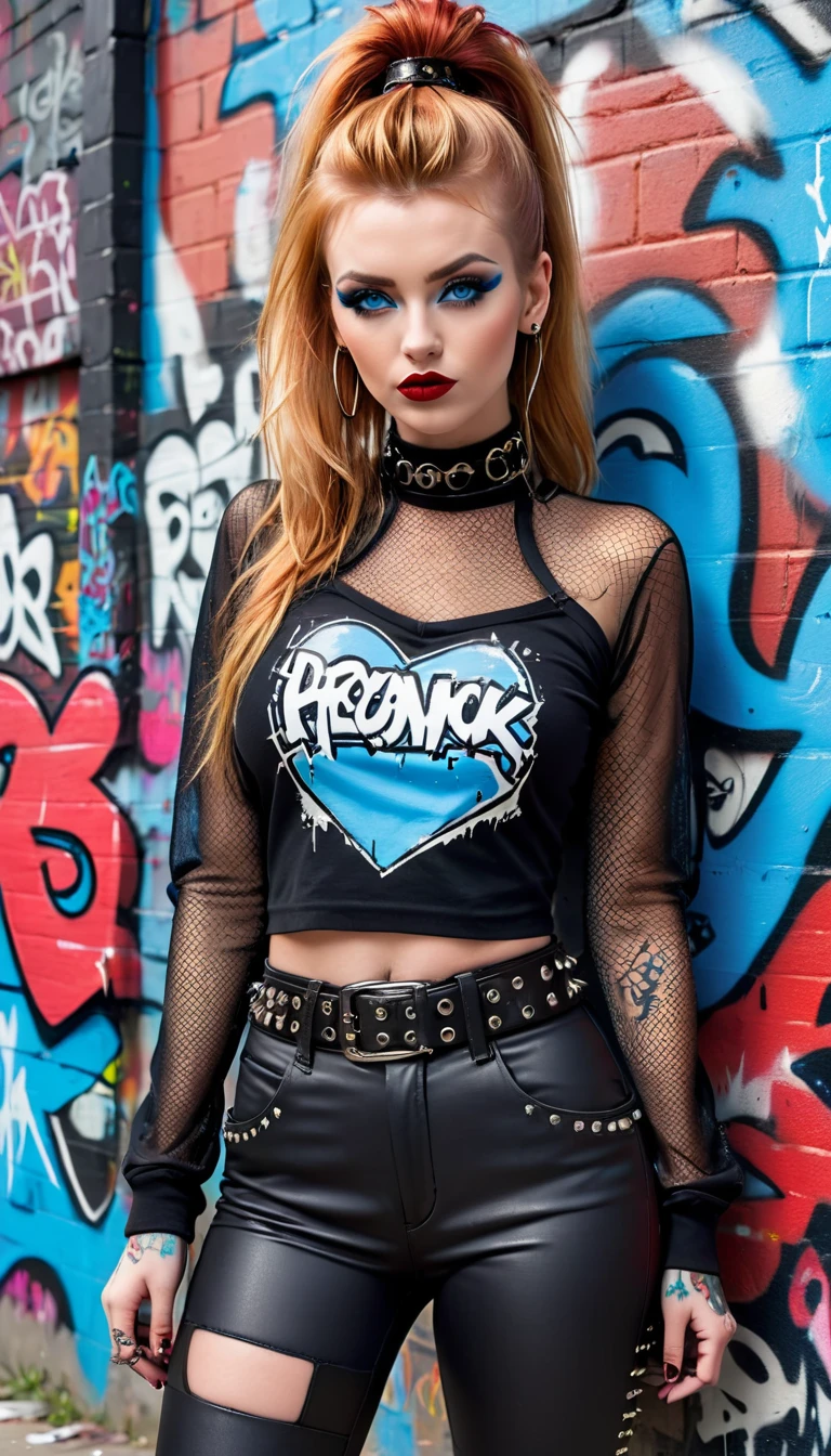 Neringa kriziute with long reddish blonde hair posing against a wall which has graffiti on it, punk messy ponytail, random eye shadow, red lipstick, spiked choker, (((long sleeve mesh crop-top))), black pants, studded belt, tattooed, graffitied restroom background, ((((symmetrical clothing)))), large chest, blonde hair, blue eyes, ?????, full body 