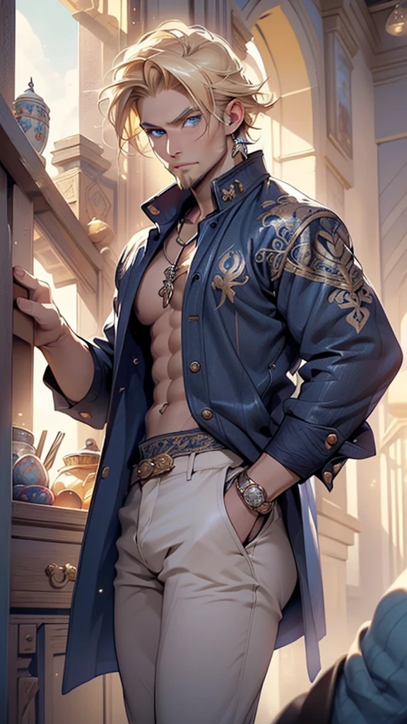 (man:1.5),1 man,male, muscle, 1boy, muscle, pectoral,  muscular, Mature man,45 year,1 man,macho man,((blonde hair,nice hair style,short blonde hair)),(((blonde very short beard, blonde very short beard))), (((blue_eyes:1.3))),intricate eyes,beautiful detailed eyes,symmetrical eyes,thicc, ((detailed face)),macho man,

(male caucasian prince),prince,

(((lustrous skin:1.5,tanned skin,bright skin: 1.5,skin tanned,shiny skin,very shiny skin,shiny body))),powerful,heroic,nsfw,

 caucasian,elegant,

(open coat, arabian fashion,arabian coat, jeans,white shirt,  masculine features, modern style,arabian clothes),(((blue coat, blue coat outfit, wearing a blue coat:1.3,arabian blue coat))),(arabian jewelry,intricate necklace),((bulge in pants)),(((intricate outfit,intricate clothes,ornate outfit))),

(dynamic pose:1.0),embarrassed,(centered,scale to fit dimensions,Rule of thirds),

indoors,(huge columns of an Arab palace,arab palace,arab palace background),scenery,extremely scenery,arab style,

(Glossy winter ornaments),highres,sharp focus,(ultra detailed,extremely detailed),(photorealistic artwork:1.37),(extremely detailed CG unity 8k wallpaper),(((vibrant colors,vibrant theme))),(intricate),(masterpiece),(best quality),artistic photography,(photography taken by sldr),(intricate background),perfect rendered face,perfect face details,realistic face,photo realistic,((intricate detail)),(((realism))),
