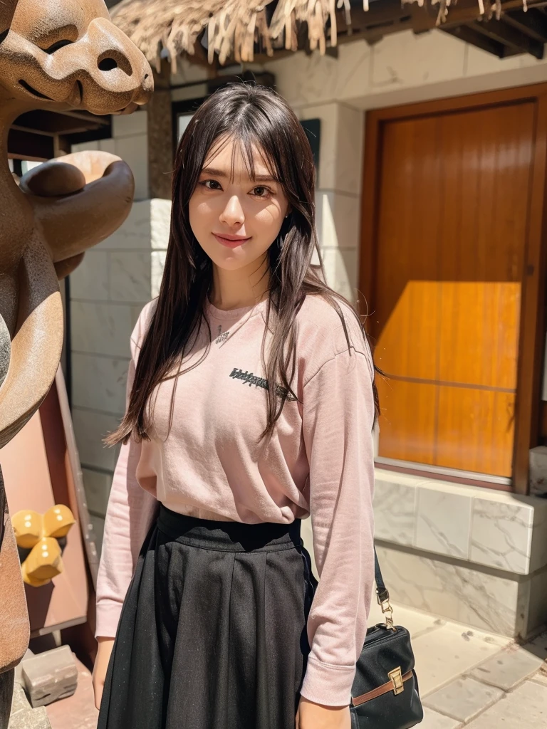 rie,One Woman,(best quality), (ultra detailed), (absolutely resolution),Face is front, 20-year-old, Shoulder baring, Striped shirt and maxi skirt, The color of the clothes is pink, Check the pattern of the clothes, Black Hair, Earrings, A unique cave-inspired bedroom、An extraordinary space