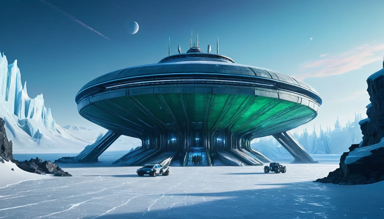 On a frozen planet, an alien spaceship of futuristic and organic design is parked on the icy surface. The ship has an imposing structure with curved shapes and luminous details that shine with blue and green tones.... Several members of the alien crew descend an extended ramp from the ship... These aliens have exotic shapes., with vibrantly colored skins and space suits adapted to the icy environment, showing advanced and incomprehensible technologies. In the background, A minimalist and brutalist concrete station is erected.. The station has straight and robust lines., with a solid and monolithic appearance, contrasting with the icy surroundings. The structure is simple but imposing., with large concrete blocks, small windows and thick walls that seem impenetrable.The sky is a deep blue with a faint glow of distant stars., and the surface of the planet is covered in ice and snow., reflecting the faint light of the distant sun. The atmosphere is cold and silent., with an air of mystery and adventure. cinematic lighting, very high resolution, 4k hyperrealistic image
