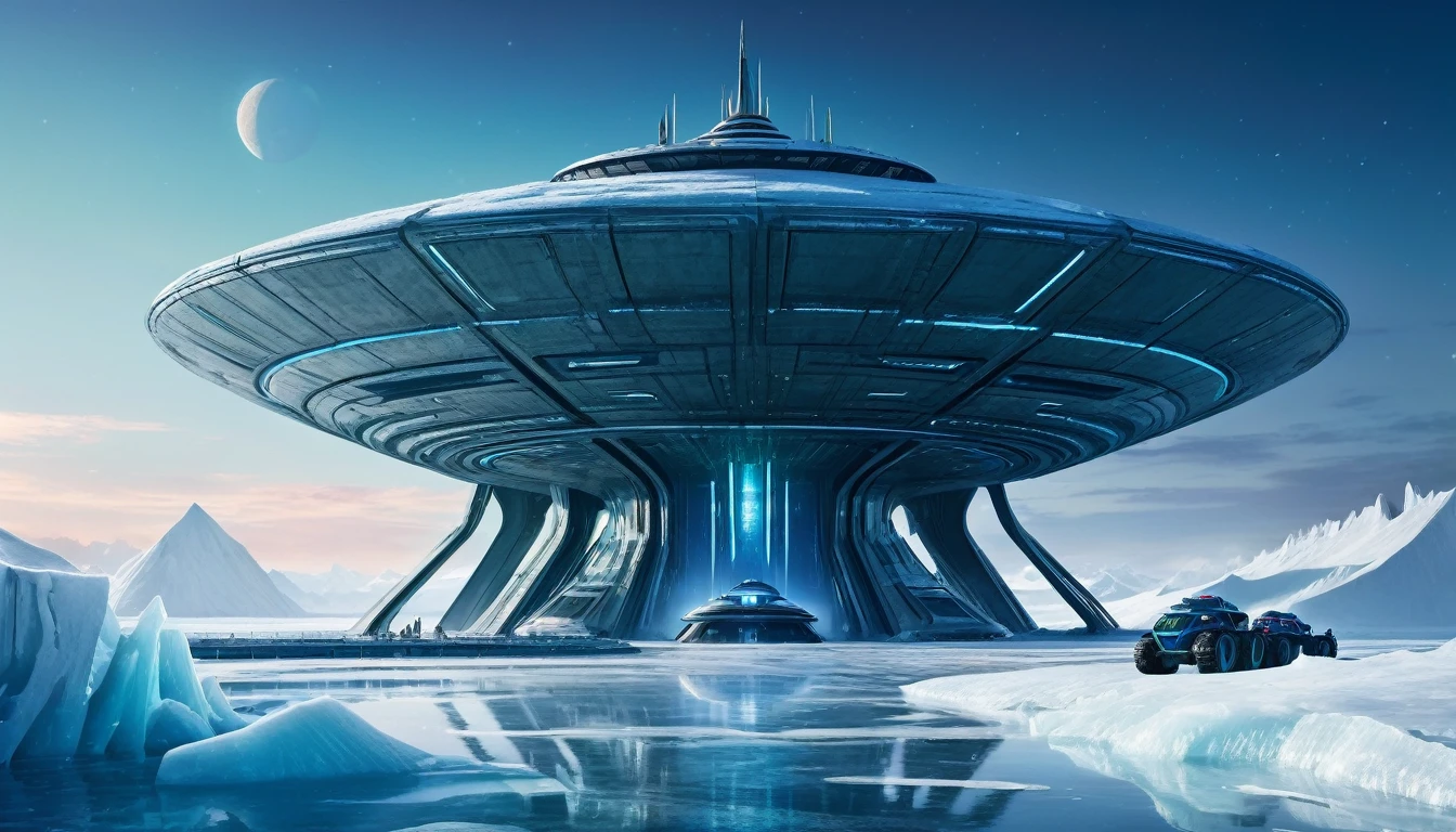 On a frozen planet, an alien spaceship of futuristic and organic design is parked on the icy surface. The ship has an imposing structure with curved shapes and luminous details that shine with blue and green tones.... Several members of the alien crew descend an extended ramp from the ship... These aliens have exotic shapes., with vibrantly colored skins and space suits adapted to the icy environment, showing advanced and incomprehensible technologies. In the background, A minimalist and brutalist concrete station is erected.. The station has straight and robust lines., with a solid and monolithic appearance, contrasting with the icy surroundings. The structure is simple but imposing., with large concrete blocks, small windows and thick walls that seem impenetrable.The sky is a deep blue with a faint glow of distant stars., and the surface of the planet is covered in ice and snow., reflecting the faint light of the distant sun. The atmosphere is cold and silent., with an air of mystery and adventure. cinematic lighting, very high resolution, 4k hyperrealistic image
