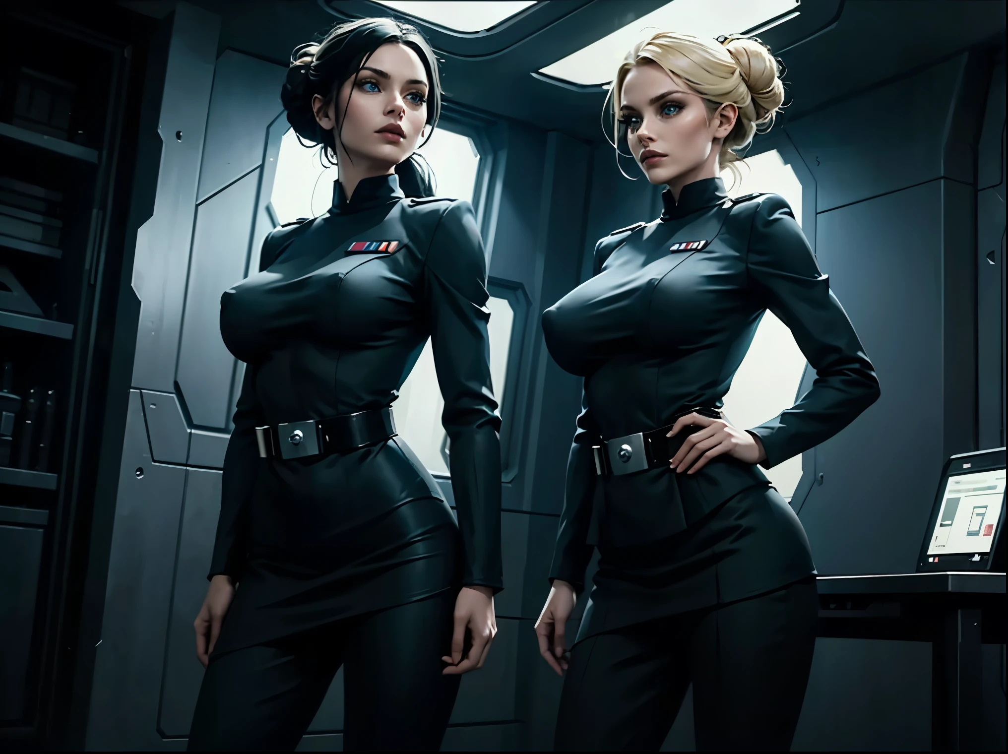 Incredibly detailed wide angle shot shot of two gorgeous and skinny woman with EXTREMELY saggy big breasts, nipples visible through clothing, a narrow waist, a incredibly supermodel thin body, with VERY narrow hips, super thin legs, (bimbo lips), vivid blue eyes, extremely detailed faces, one with (long ((black)) hair styled in bun), one with medium length blonde hair in a severe ponytail, Star Wars Imperial Officer black uniforms, matte paint, atmospheric, dramatic lighting, standing inside an imperial space ship.