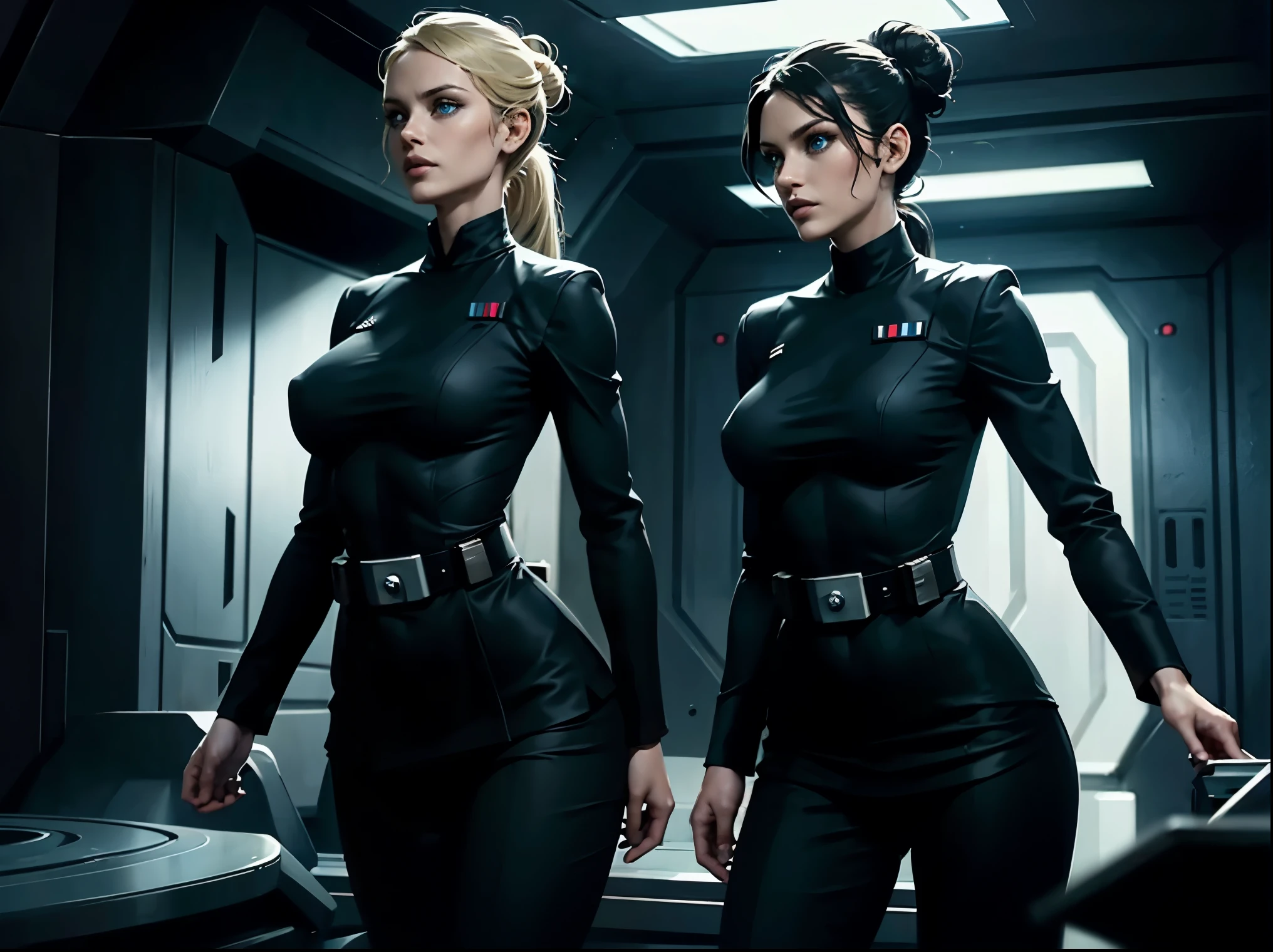 Incredibly detailed wide angle shot shot of two gorgeous and skinny woman with EXTREMELY saggy big breasts, nipples visible through clothing, a narrow waist, a incredibly supermodel thin body, with VERY narrow hips, super thin legs, (bimbo lips), vivid blue eyes, extremely detailed faces, one with (long ((black)) hair styled in bun), one with medium length blonde hair in a severe ponytail, Star Wars Imperial Officer black uniforms, matte paint, atmospheric, dramatic lighting, standing inside an imperial space ship.
