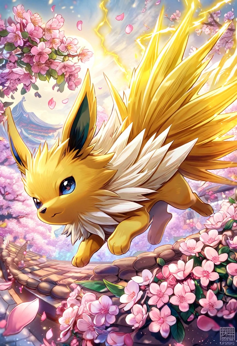 absurdres, highres, ultra detailed, HDR, master piece, Jolteon, Pokemon, extremely cute, best quality, blossoms, pink petals, pink flowers, fantasy, magical, solo, yellow lightning