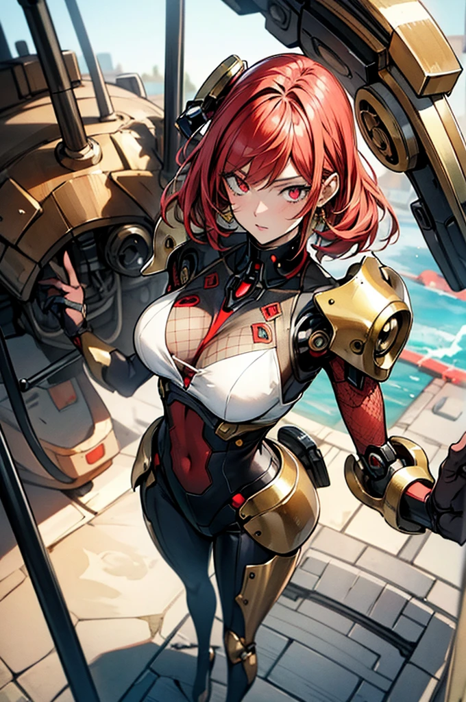 full body shot, High angle, focus on background, laboratory, manga, anime, watercolor, steampunk, masterpiece, best quality, extremely detailed, 8K, a woman, solo, robot suit, robot, half-up, beautiful red eyes, pensive, mesh, cool, looking at the camera, gold piercing,