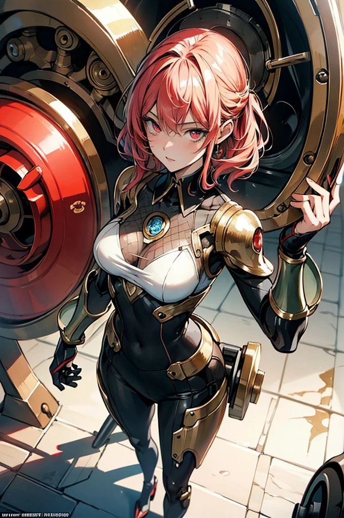 full body shot, High angle, focus on background, laboratory, manga, anime, watercolor, steampunk, masterpiece, best quality, extremely detailed, 8K, a woman, solo, robot suit, robot, half-up, beautiful red eyes, pensive, mesh, cool, looking at the camera, gold piercing,